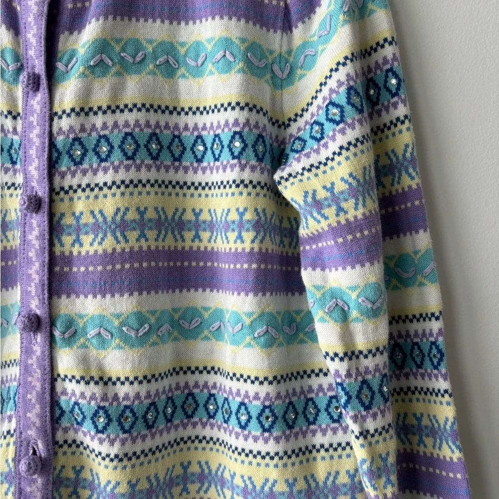 The Tog Shop Cardigan Sweater Fair Isle Purple Ivory Sequin Knit Women M Holiday